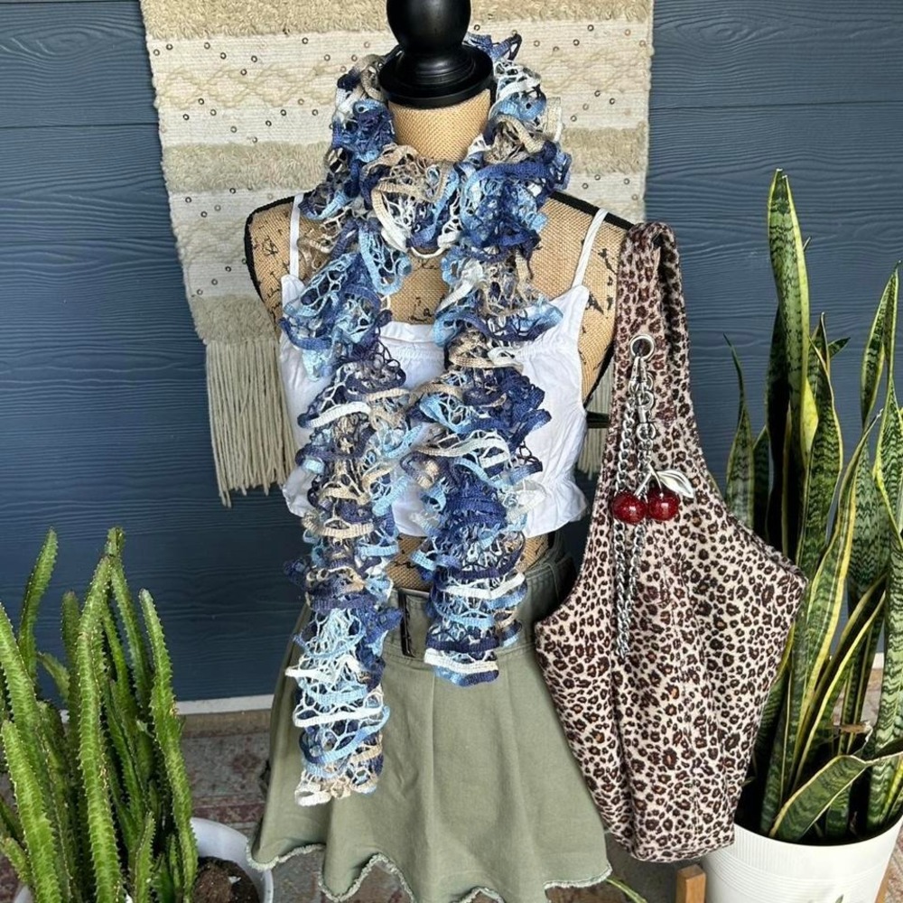 Blue & white ruffled frilly crochet scarf with a boho cottagecore whimsy vibe